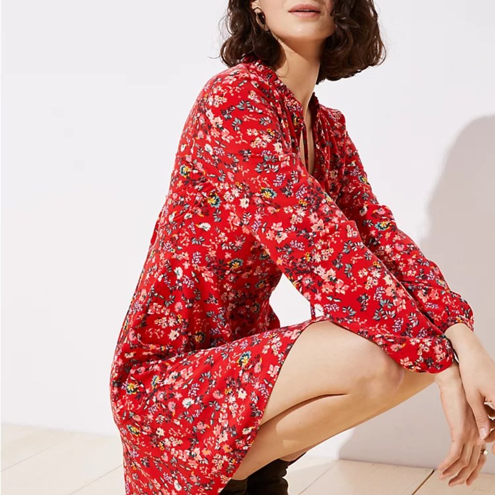 LOFT | Primrose Tie Neck Flare Dress - Picture 4 of 4